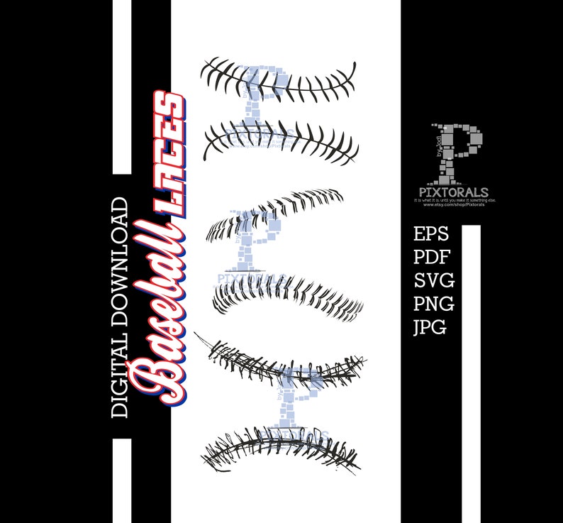 May include: Digital download graphic featuring baseball laces in a repeating pattern. The design is in black and white, with the words "Baseball Laces" in a red, white, and blue font. Includes EPS, PDF, SVG, PNG, and JPG formats.