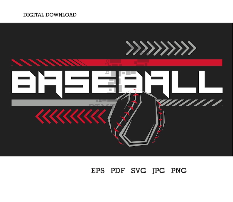Baseball design Digital Download. This design is landscape with edgy lines and chevrons and is in red, gray and white colors on a black background. The files available are EPS, PDF, SVG, JPG, and PNG.