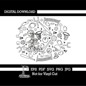 All Sports Doodle, digitale download, eps, pdf, svg, jpg, png, illustraties, afbeeldingen, sublimatie, zeefdruk, dtf