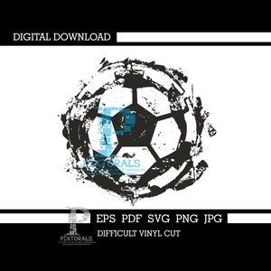 May include: Black and white distressed graphic of a soccer ball.  EPS, PDF, SVG, PNG, JPG. Difficult vinyl cut.