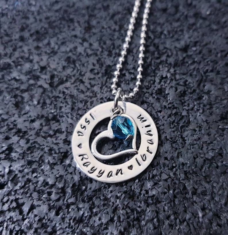 Hand stamped 25mm custom made personalised name pendant with heart and birthstone charm fast post monogram necklace