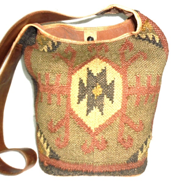 Wool Kilim and Leather Mix Hobo Bag Shopping Bag Christmas Gifts Shoulder Bag for Womens Wool Kilim Bag