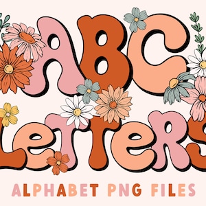 Boho Floral Retro Alphabet Set with Clipart | PNG files | Retro Doodle letters | Flower Doodle name letters | Sublimation monogram alphabet