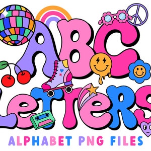 Groovy Retro Alphabet Set with Clipart | PNG files | 90s 60s Retro Doodle letters | Teenage Girls Doodle name letters | monogram alphabet