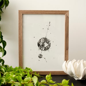 May include: A framed black and white illustration of a celestial body with a detailed design. The illustration is surrounded by a wooden frame and is displayed on a table with a white flower.