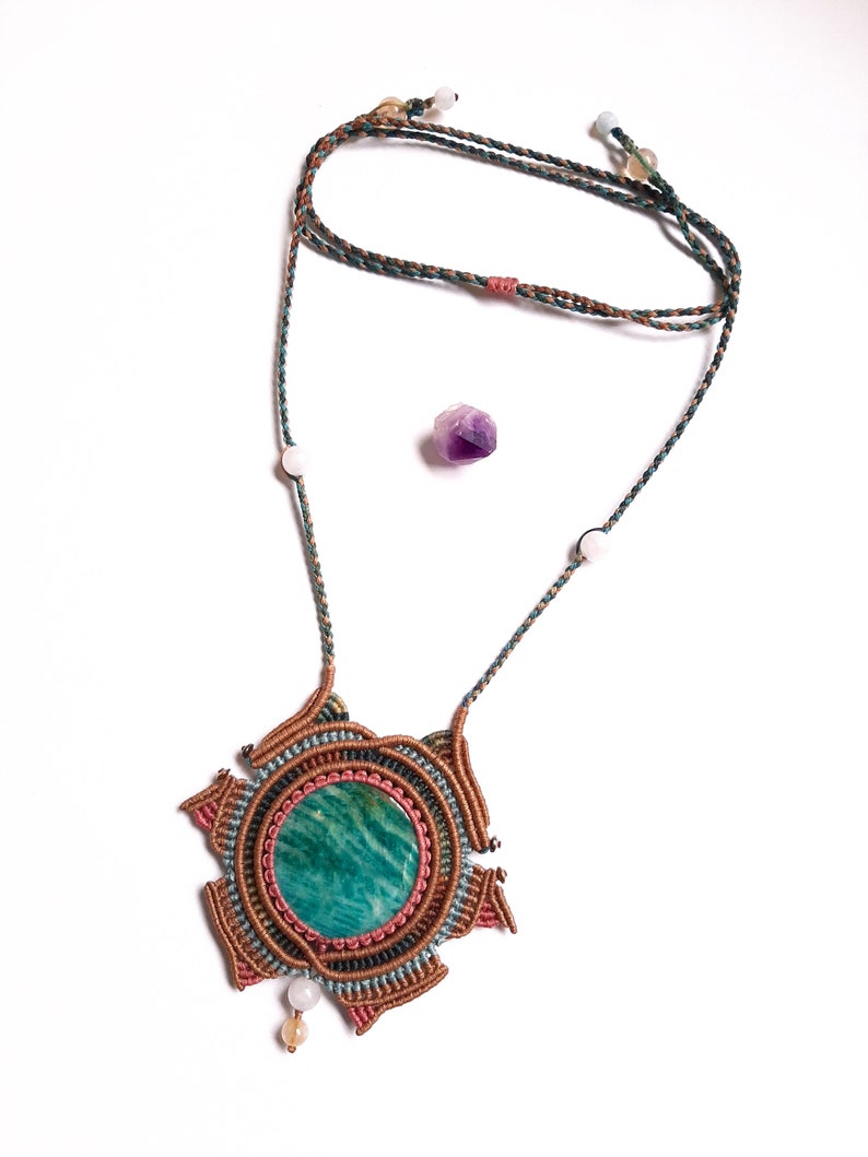 gift idea for truth self-love and trust communication Blue Lagoon Amazonite gemstone macrame necklace