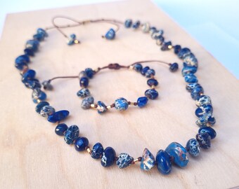 Blue Imperial Jasper | Gemstone necklace - bracelet set with GP sterling silver | Re-energising power | creativity, self-awareness, serenity
