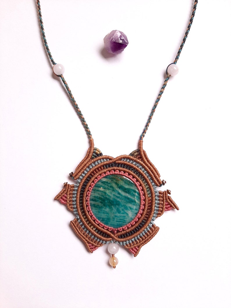 gift idea for truth self-love and trust communication Blue Lagoon Amazonite gemstone macrame necklace