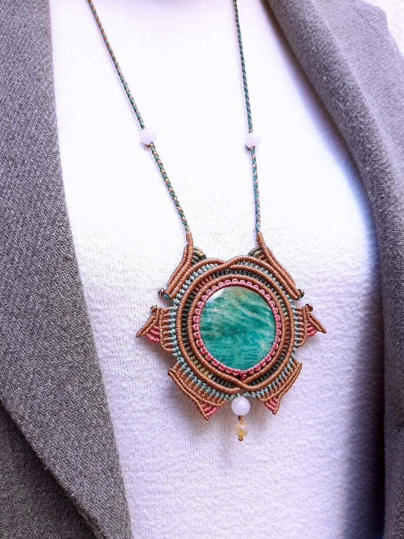 gift idea for truth self-love and trust communication Blue Lagoon Amazonite gemstone macrame necklace
