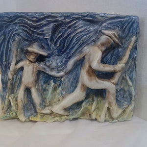 Vintage Dimensional Wall Tile, Handmade Wall Tile of Man Walking with Boy