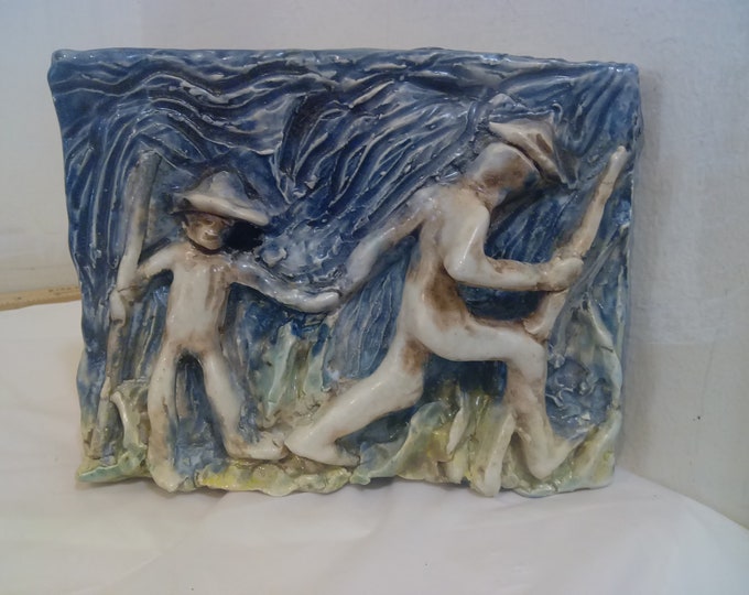 Vintage Dimensional Wall Tile, Handmade Wall Tile of Man Walking with Boy