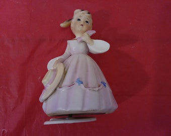 Vintage Music Figurine, Lefton Style Girl with Hat Music Box, Needs New Base