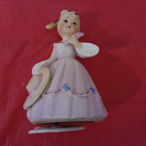 Vintage Music Figurine, Lefton Style Girl with Hat Music Box, Needs New Base