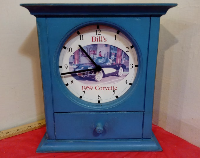 Vintage House Decor Clock, Wooden Cased Clock with Picture, Shelf or Wall Clock with Wood Blue Box, 1980's