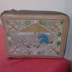 Cartera de béisbol vintage, cartera de béisbol con acabado de sillín de piel de oveja, cartera pintada a mano con jugadores de béisbol #