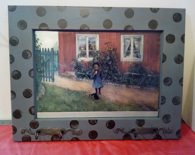 Vintage Picture of Girl with Cat with Hooks to Hang Items~