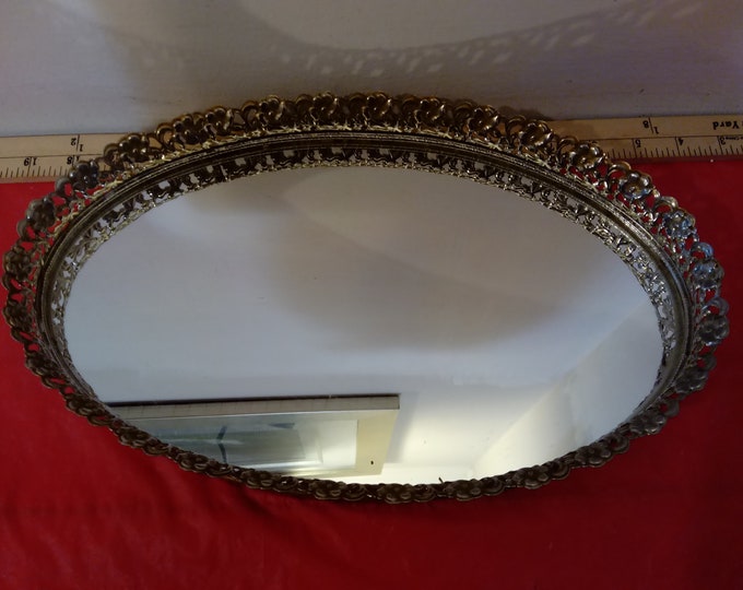 Vintage Cosmetic Mirror Tray, Oval Shape Mirrored Make-up Tray with Gold Filigree Trim