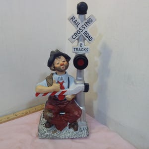 Vintage Ceramic Music Figurine, Waco Melody in Motion Railroad Crossing with Willie the Hobo