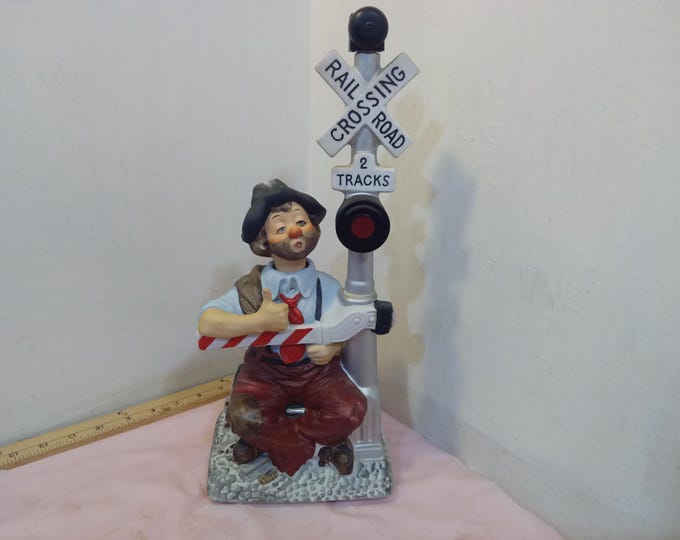 Vintage Ceramic Music Figurine, Waco Melody in Motion Railroad Crossing with Willie the Hobo