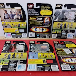 Cartones de respaldo vintage de Star Wars, tableros de respaldo de seis figuras de acción Kenner, 8D8, Lobot y otros, década de 1990