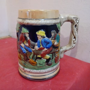 Vintage Stein, Beer Mug, Large Cup Size Stein with Men at Table and Windmill