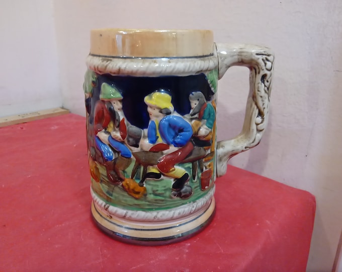 Vintage Stein, Beer Mug, Large Cup Size Stein with Men at Table and Windmill