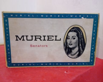 Vintage Cigar Box, Blue Hard Cardboard Muriel Senator Cigar Box with Class E Stamp on Back from Virginia, Made In USA