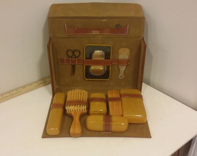 Vintage Genuine Leather Travel Toliletry Case, 1950's