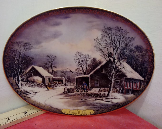 Vintage The Bradford Exchange Collector Plate, Currie & Ives Christmas "Winter Morning - Feeding the Chickens", 1995