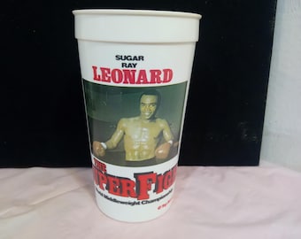 Vintage Plastic Sports Cups, Church's Fried Chicken, Boxing Cups with Sugar Ray Leonard vs. Different Opponents, 1980's