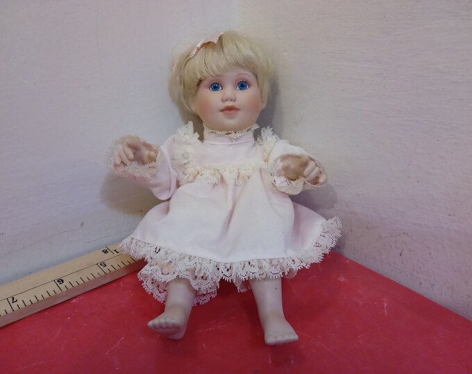 Vintage Porcelain Doll, J. Belle Doll, Baby with Light Pink Dress and Pink Bow