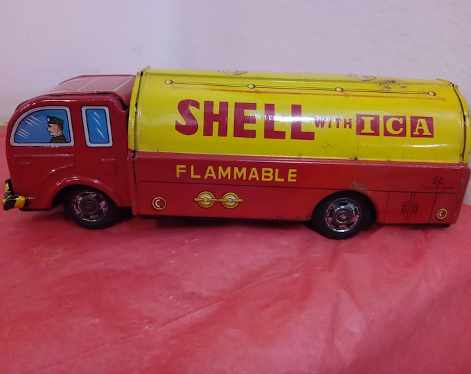 Vintage Tin Lithographical Truck, Shell with ICA, Flammable Gas Truck by Hayashi, Made in Japan, 1950's#