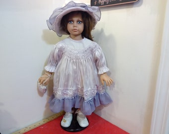 Vintage Plastic/Vinyl Doll, "Girl in White and Purple Dress with Hat and Purse", 1980's