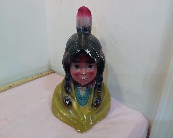 Vintage Chalkware Bank, Carnival Prize Native Girl Head with One Feather Piggy Bank, 1940's#