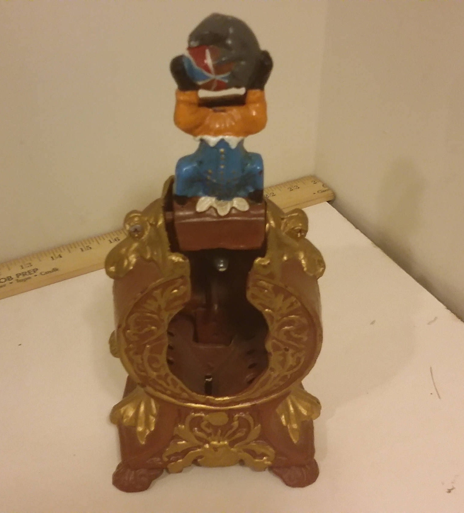 Vintage Cast Iron Cat and Mouse Mechanical Bank with Wolf Face Front