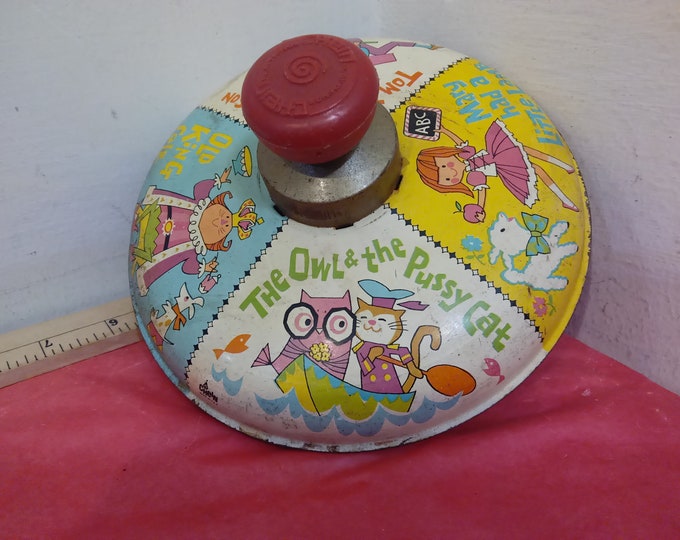 Vintage Spinning Tops, Four Different Nursery Rhyme Top by Chien, Merry-Go-Round Top by Ohio Art and Monkeys Playing Baseball Top, 1960's