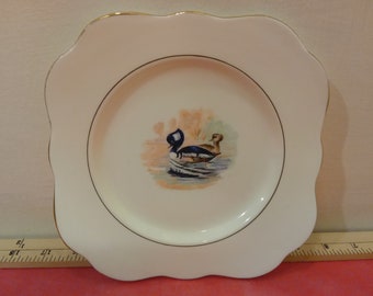 Vintage Bone China Desert Plate by M & R Made in England, Mallard with Duckling with Gold Trim, H. Colclough 1940