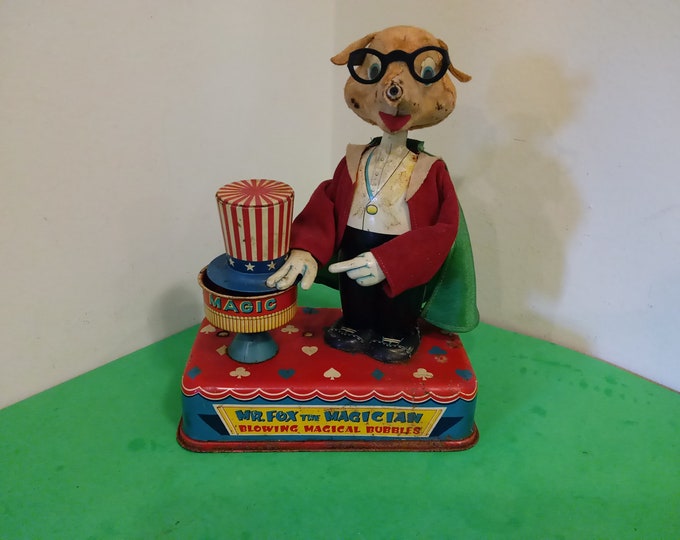 Vintage Tin Toy, Mr. Fox The Magician Blowing Magical Bubbles Tin Toy by Yonezawa of Japan, 1960s