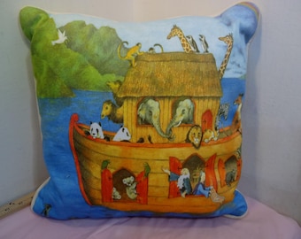Vintage Noah's Ark Items, Noah's Ark Throw Pillow, Wooden Moving Musical Box, Picture Frame, or Wall Hanging for Coats or Items, 1990's
