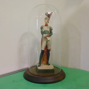 Vintage Napoleon Soldier Figure, Wooden Base with Glass Dome #a