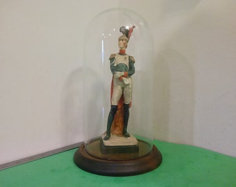 Vintage Napoleon Soldier Figure, Wooden Base with Glass Dome #a