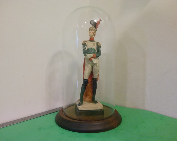 Vintage Napoleon Soldier Figure, Wooden Base with Glass Dome #a