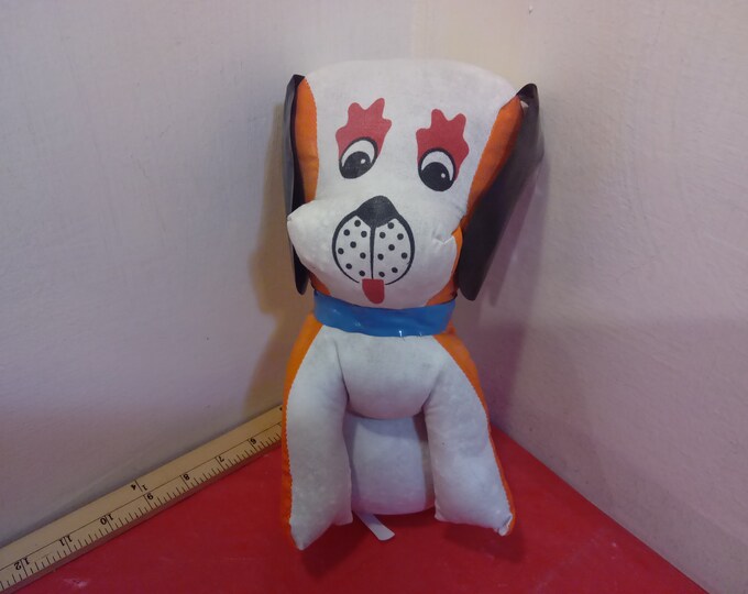 Vintage Stuffed Animal, Orange Dog with Black Ears and Blue Collar by H and M Toy Corp., Made in Taiwan