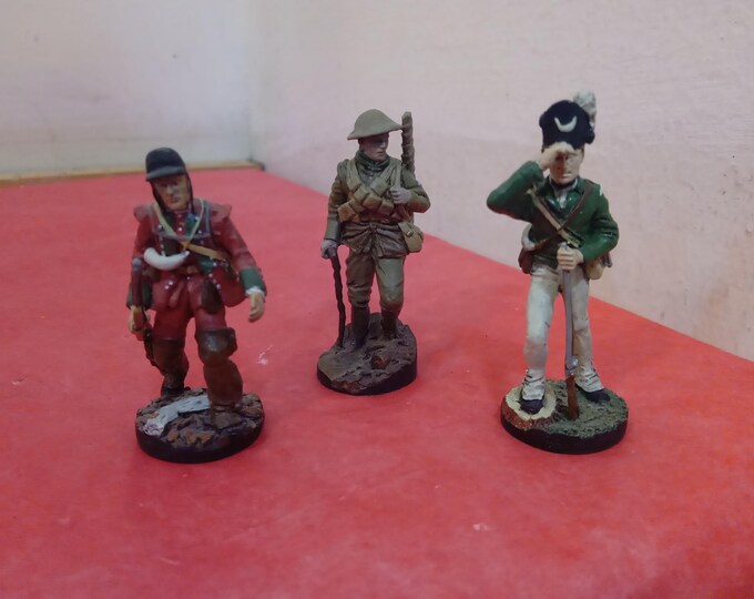 Vintage Metal Figurines, Frankline Mint Soldiers, Light Infantry 1758, Private 9th Canadian 1917, or Rifleman Queen's Rangers 1770's, 1980's