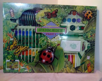 Vintage Drawing/Coloring Sets, 87 Piece Coloring Sets with Crayons, Markers, Pencils, and Other Items, Hearts or Forest Set, 1990's