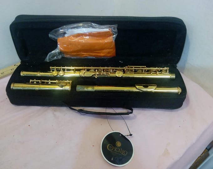 Vintage Musical Instrument, Student Brass Flute Mendini by Cecilio with Case, Straps, and Cleaning Items, 16 Keys