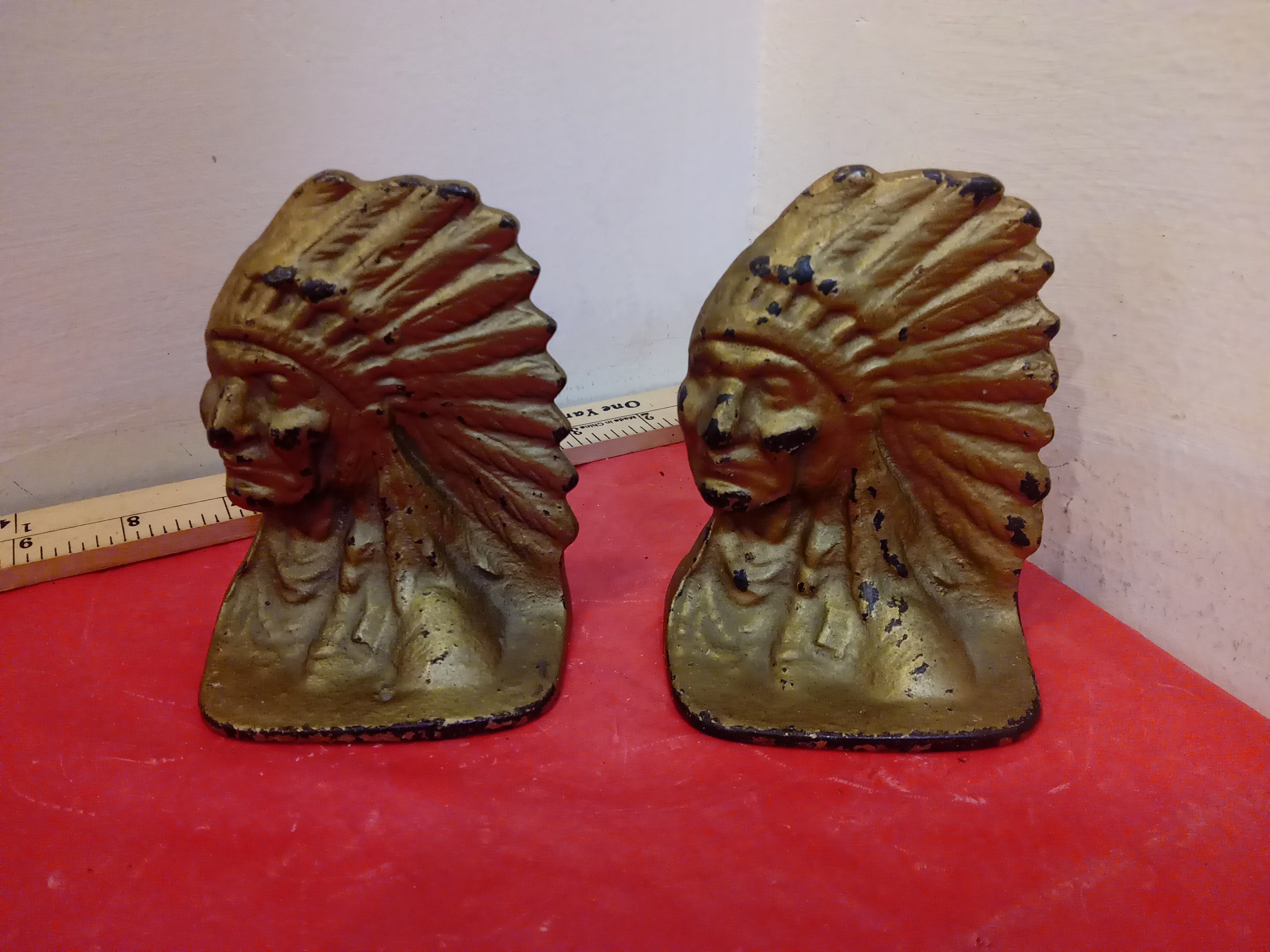 Vintage Metal Bookends, Cast Iron/Metal Indian Head Bookends, 1950's
