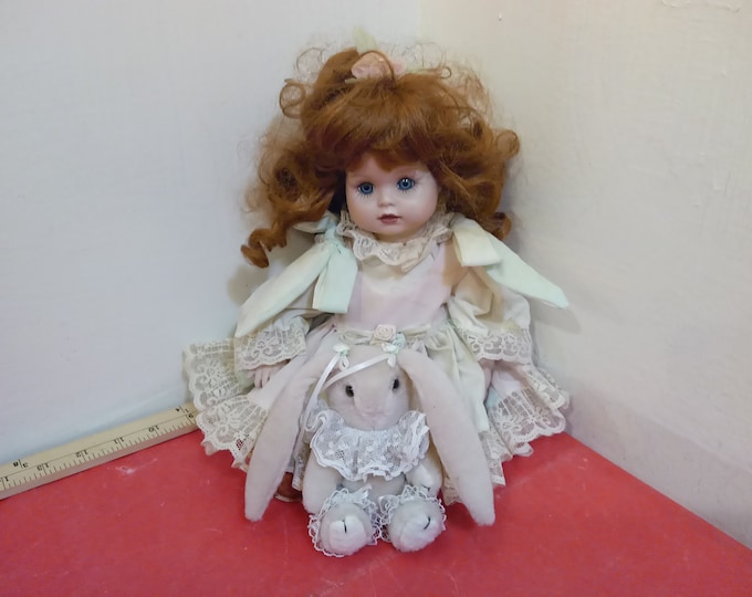 Vintage Porcelain Doll, Seymour Mann "The Connoisseur Doll Collection", "Girl in White Dress with Bunny", 1980's