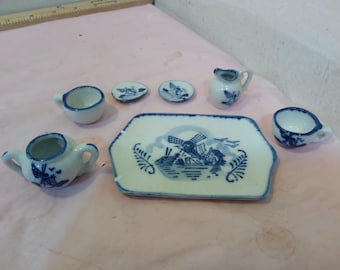 Vintage Pretend Play Tea Set, Blue and White Belgium Tea Set, Cups, Pitchers, Plates, and Serving Tray