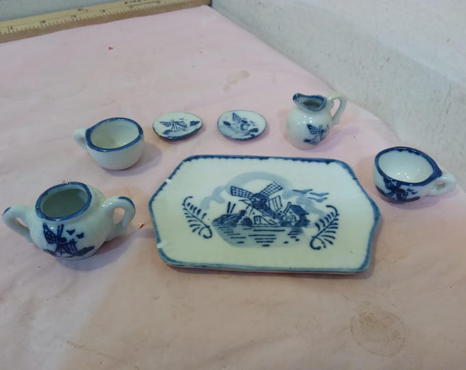 Vintage Pretend Play Tea Set, Blue and White Belgium Tea Set, Cups, Pitchers, Plates, and Serving Tray